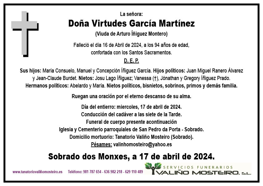 Esquela de Virtudes García Martínez.